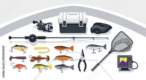 Fishing gear including rods lures tackle box and net.