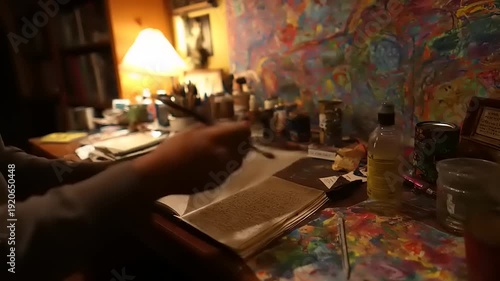 Intimate look at artistic creation: sketching in a notebook on a cluttered desk in a dimly lit studio