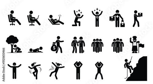 Collection of diverse black silhouette stick figures demonstrating various human activities and emotions
