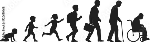 human life cycle stages, baby to old age evolution, walking progression silhouette illustration, aging