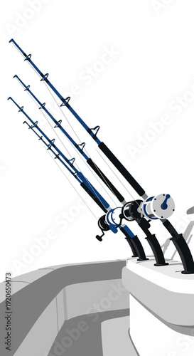 Three fishing rods with reels rest on a boat.