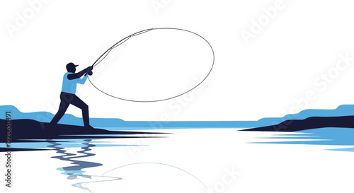 Person casting fishing line on a calm body of water.