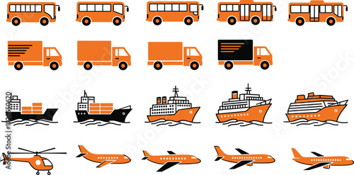 Orange and black vector icon set of transportation vehicles including buses delivery trucks cargo ships cruise liners airplanes and helicopter for logistics branding
