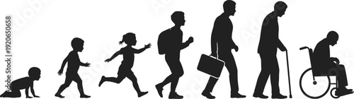 human life cycle stages, childhood to old age progression, walking evolution silhouette illustration, aging process concept vectorhuman life cycle stages