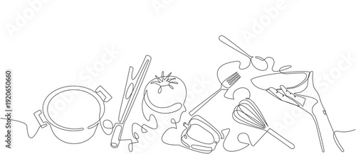 Culinary vector illustration. Isolated linear art with food and utensils. Cooking background.