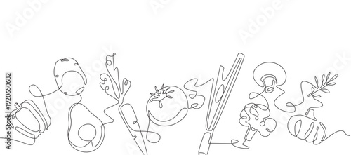 Food illustration. Isolated line art with vegetables. Minimalistic culinary poster. Graphic element on the theme of healthy eating.