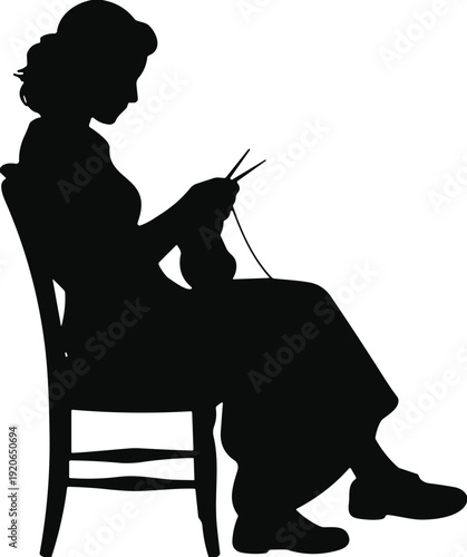 Vintage woman knitting silhouette seated on chair, traditional handicraft activity, calm domestic life, handmade wool craft, classic lifestyle illustration