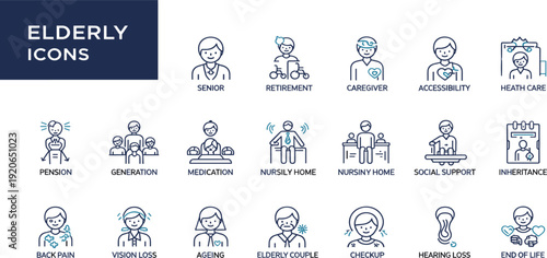 Elderly care line icon set with senior, retirement, caregiver, nursing home, medication, accessibility, and health symbols