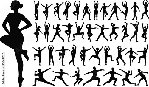 Yoga and fitness silhouettes collection, men women exercising poses, balance flexibility strength training, wellness lifestyle, healthy body movement illustration