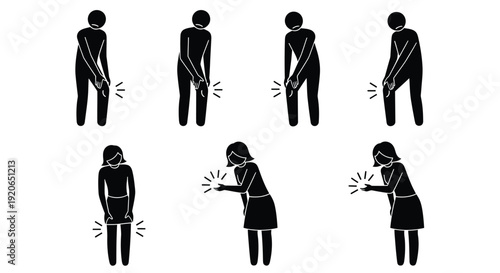 Collection of vector stick figure illustrations showing men and women experiencing various types of body pain.