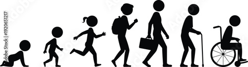 Human life stages silhouette, baby toddler child teenager adult elderly cane wheelchair, aging process 