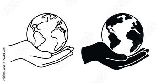Hand holding world globe icon, vector illustration symbolizing global care, environmental protection, international support, sustainability, and global responsibility for education, charity, and aware