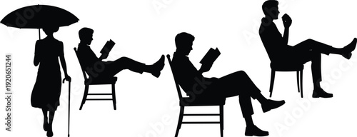Vintage people silhouettes reading and relaxing, classic lifestyle scene, men women seated with books, umbrella walk, leisure time illustration