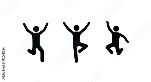 Collection of three black stick figure icons illustrating joyful jumping and dynamic movement poses