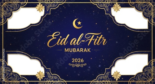 Eid al fitr mubarak 2026 greeting card with golden crescent moon and stars on dark blue night background with frame design
