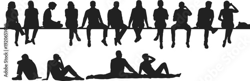 People silhouette sitting poses collection, human figure relaxation positions, group sitting and resting 