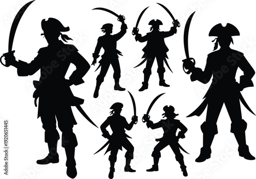 Pirate warrior silhouettes set, armed fighters with swords, swashbuckling action poses, fantasy adventure characters, isolated black illustration, vector design art