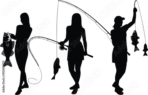 Fishing people silhouettes set, men and women holding rods and caught fish, outdoor hobby, recreation sport, leisure activity, isolated illustration