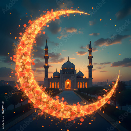 Crescent moon with flowers, mosque in the background, sunrise or sunset sky.