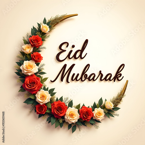 Floral crescent moon design with flowers and text 