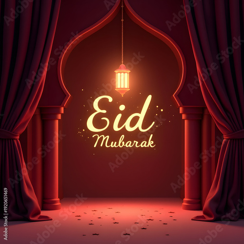 Red curtain, lamp, stage floor with confetti.