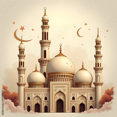 A detailed digital illustration of Islamic architecture.