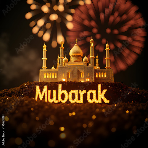 A gold and brown mosque is illuminated by fireworks, creating a festive atmosphere.