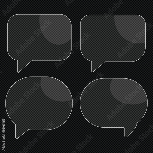 Speech bubble chat icon set with glossy glass effect. Transparent dialog balloon collection in modern outline style. UI messaging element for app and web interface design.