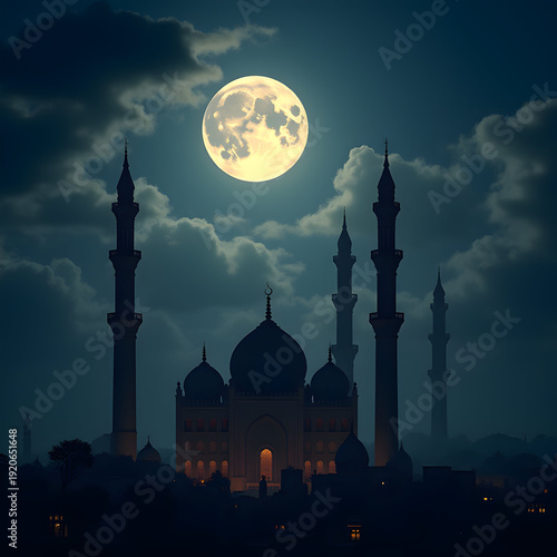 Moon over a tall building at night with clouds and trees.