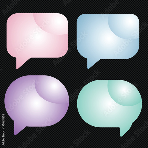Speech bubble icon set with soft gradient glass style. Colorful chat dialog shapes in modern rounded design. UI messaging elements for app and web interface projects.