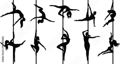 Pole dance silhouettes set, athletic female performers poses, strength flexibility balance, aerial fitness art, choreography, isolated black figures, illustration, vector