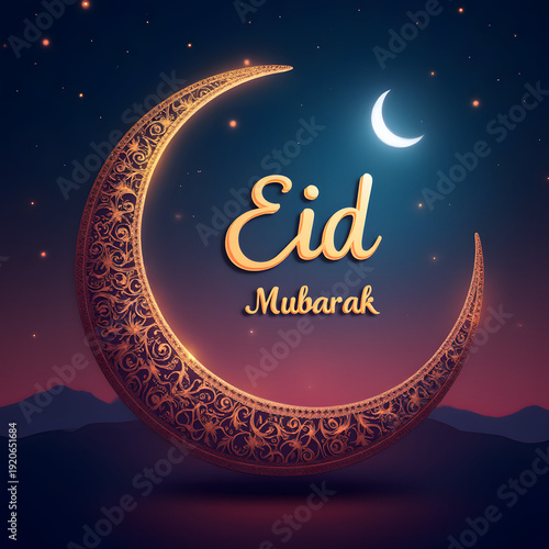 Luminous crescent moon with ornate moonlight on a starry night sky background, with 