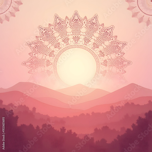 A serene pink and purple landscape with a sunburst pattern.