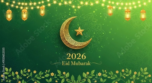 2026 eid mubarak greeting with golden crescent moon, star, and botanical decoration on green background