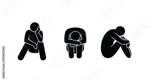 Collection of three black stick figure vector illustrations depicting various poses of human sadness and dejection