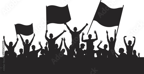 Protest crowd silhouette, people raising arms flags unity celebration, demonstration rally activism, public gathering freedom collective action illustration