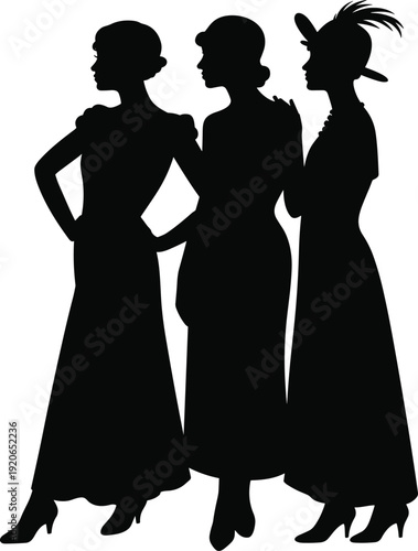 Elegant vintage women silhouettes standing together in classic dresses isolated on white background, retro female fashion illustration concept