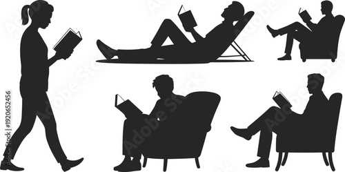 Reading silhouettes collection, people with books, diverse reading positions, education concept, learning lifestyle, relaxation, study, knowledge, literature, leisure