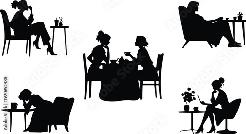 Elegant women silhouettes sitting at cafe tables drinking coffee isolated on white background, vintage lifestyle illustration set collection