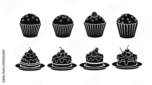 Vector illustration of set of eight black and white cupcake and cake icons for dessert design on a transparent background