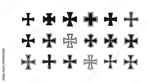 Vector illustration of collection of iron cross military insignia symbols and badges on a transparent background