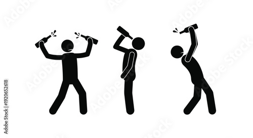 Vector graphic of stick figures celebrating, drinking, and showing signs of intoxication from bottles.