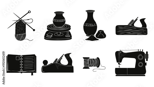 Vector illustration of set of black silhouettes representing various crafts and hobbies on a transparent background