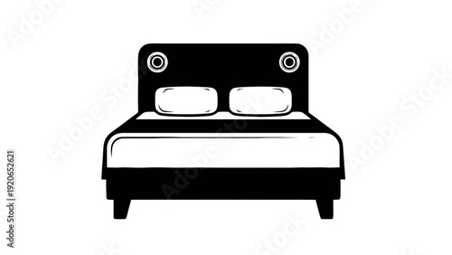 Vector illustration of black and white illustration of a bed with a headboard and two pillows on a transparent background