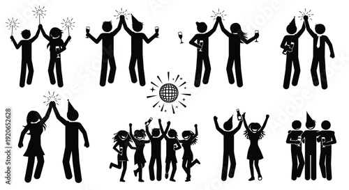 Collection of diverse stick figure groups celebrating joyful occasions with sparklers and party props
