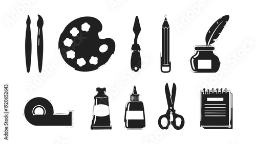 Vector illustration of black and white icons of art and office supplies on on a transparent background