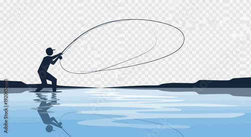 Silhouette of a person fly fishing in calm water.