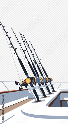Fishing rods arranged on a boat deck ready for use.