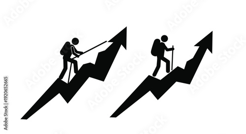 Two vector graphic figures with backpacks symbolizing progress and overcoming challenges climbing an upward arrow illustration.
