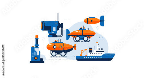 Underwater vehicles and equipment illustrated on a white background.